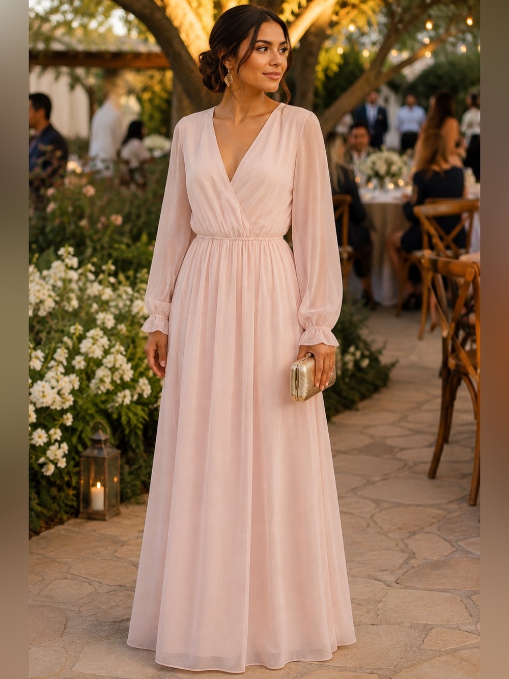 Lulus Peach Pink Maxi Dress S M NWT Long Sleeve Chiffon Wedding Bridesmaid